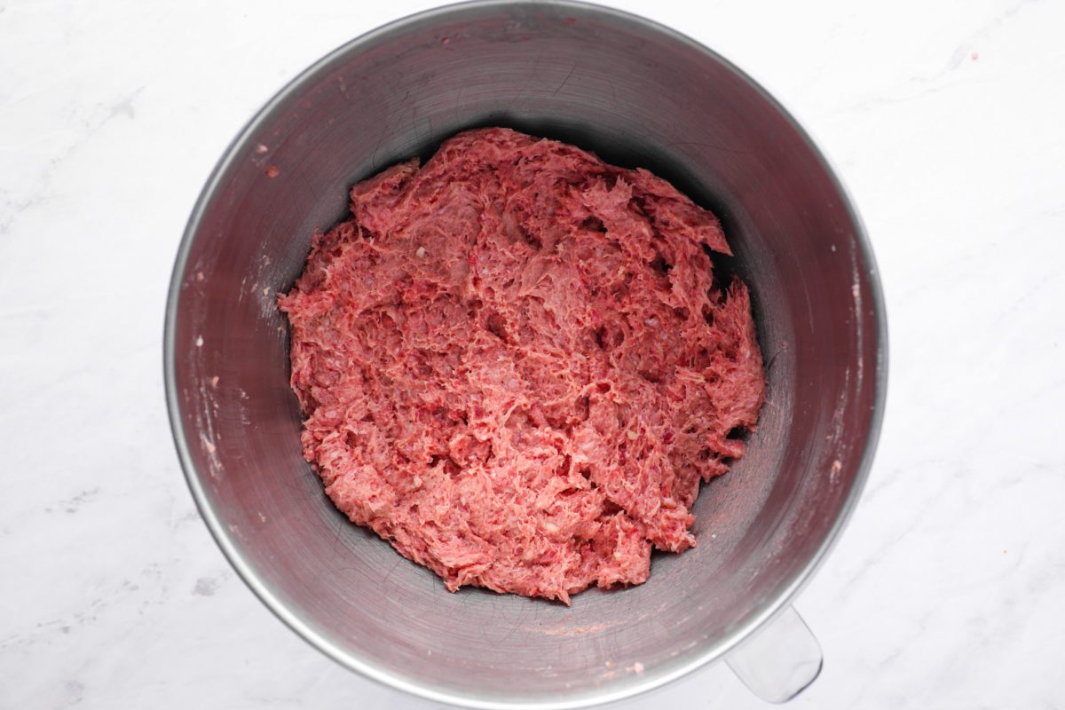 finished meatball mixture in mixing bowl