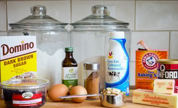 Muffin ingredients including buttermilk, eggs, and flour.