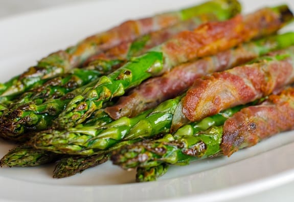 Plate of pancetta-wrapped asparagus.