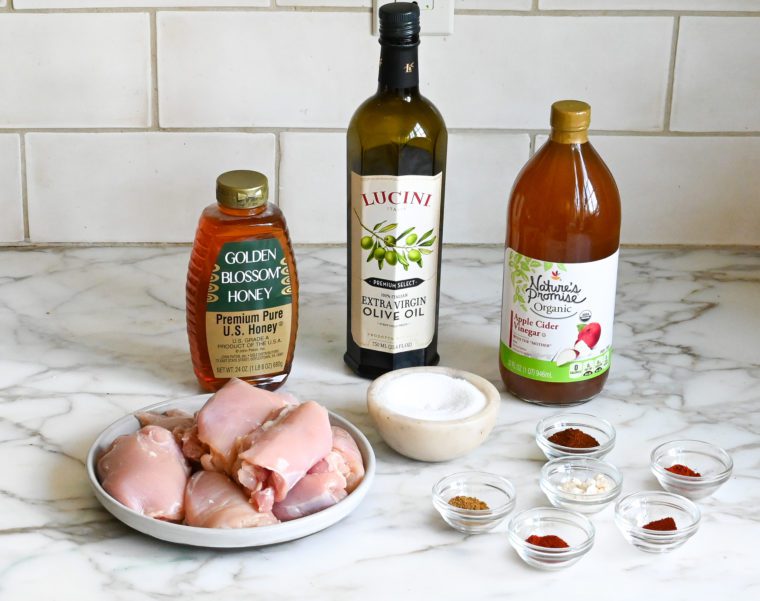 ingredients to make bbq-spiced chicken thighs with tangy honey glaze