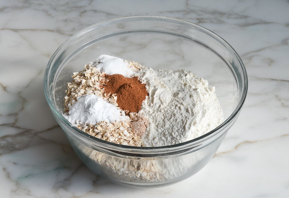 Bowl of unmixed dry ingredients.