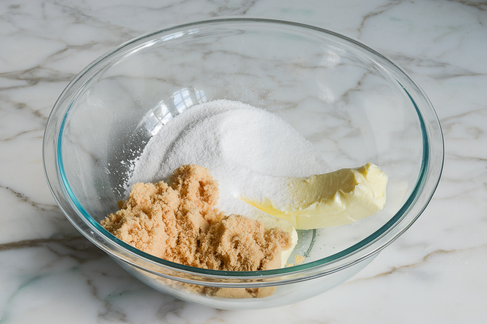 butter and sugars in bowl