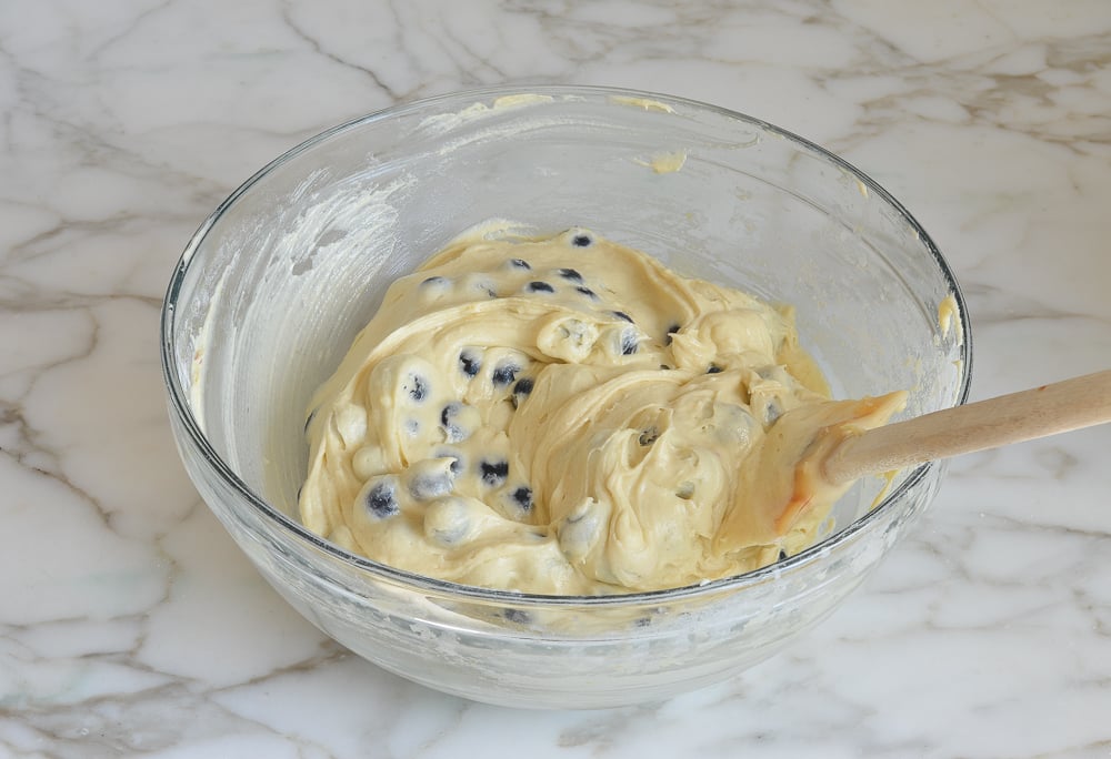 Bowl of blueberry muffin batter.