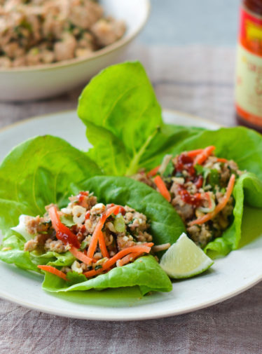 Plate of Thai-style minced chicken lettuce cups.
