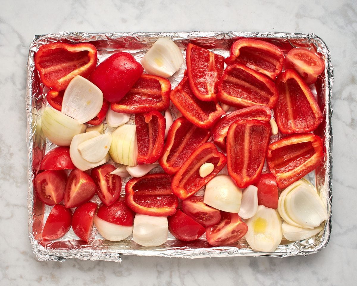 raw veggies on baking shet