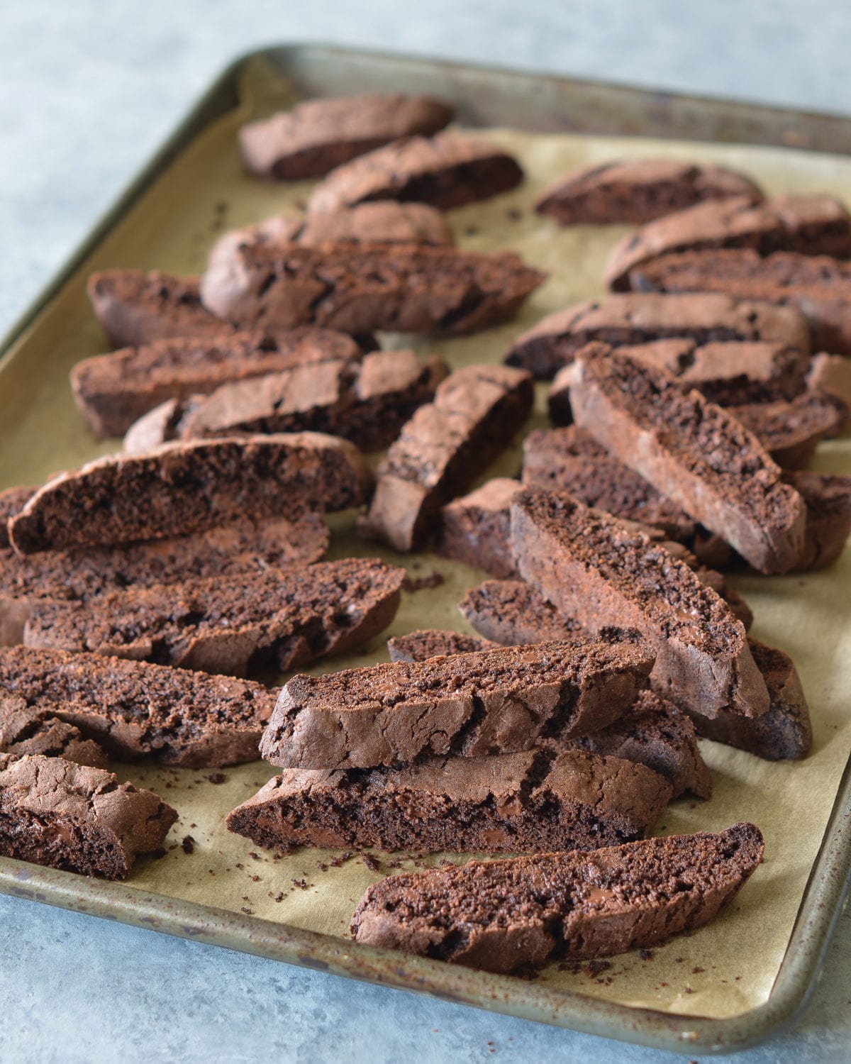 Double Chocolate Biscotti on a lined baking sheet.