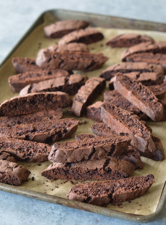 Double Chocolate Biscotti on a lined baking sheet.