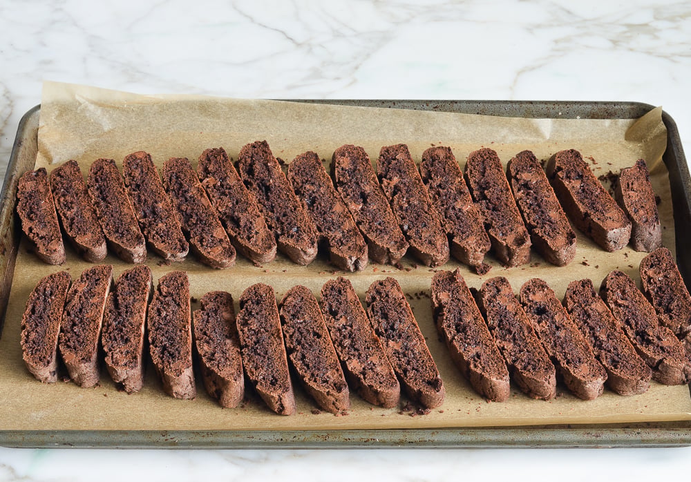 Sliced loaves of double chocolate biscotti.