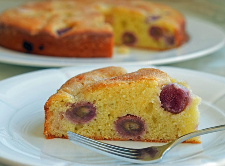 Slice of harvest grape and olive oil cake on a plate with a fork.