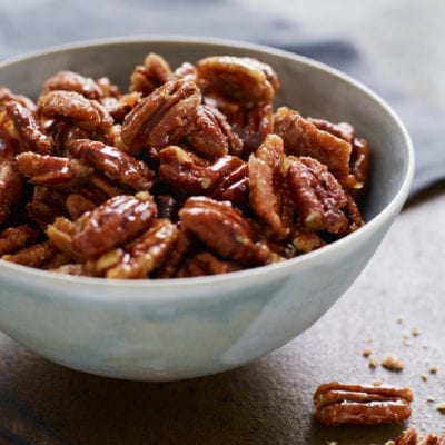 Bowl of candied pecans.