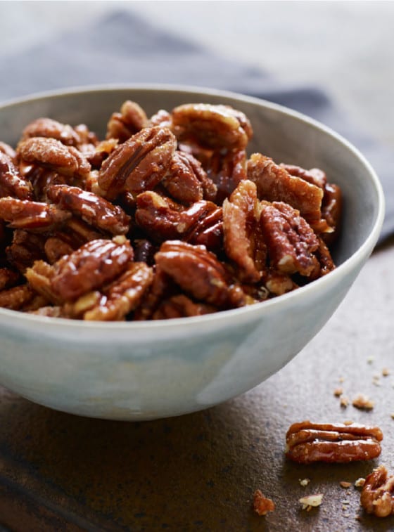 Bowl of candied pecans.