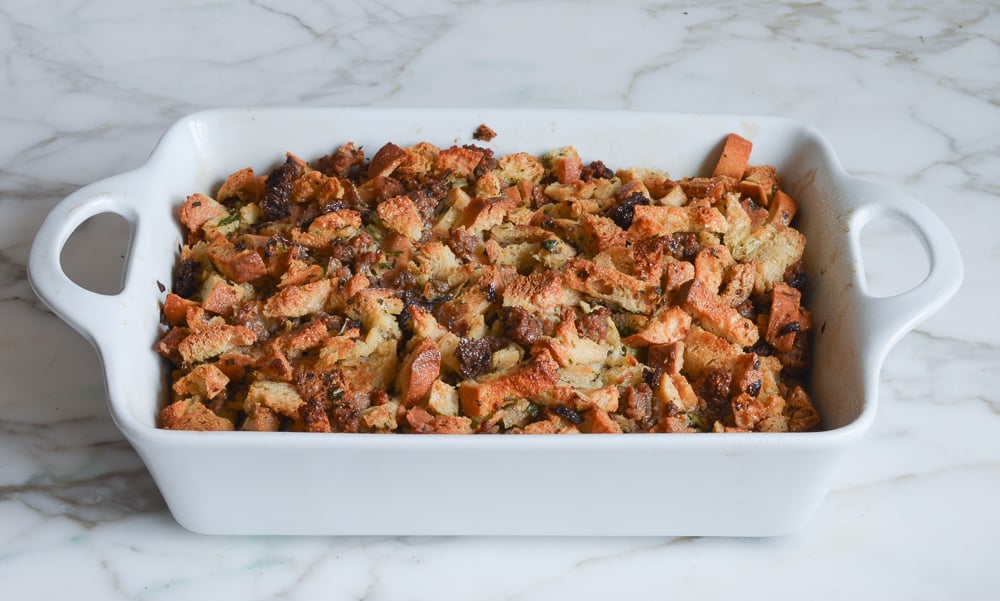 Baked stuffing in a baking dish.