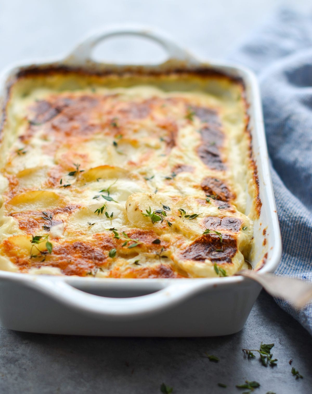 Potatoes au gratin in a baking dish.