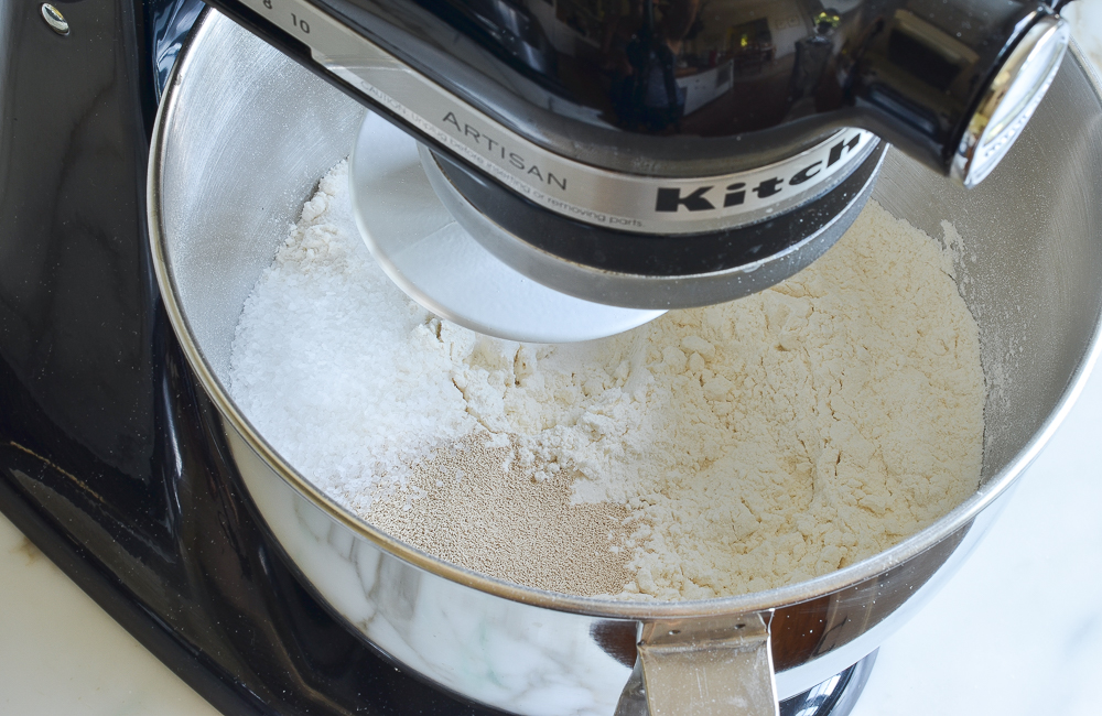 Dry ingredients in a stand mixer.