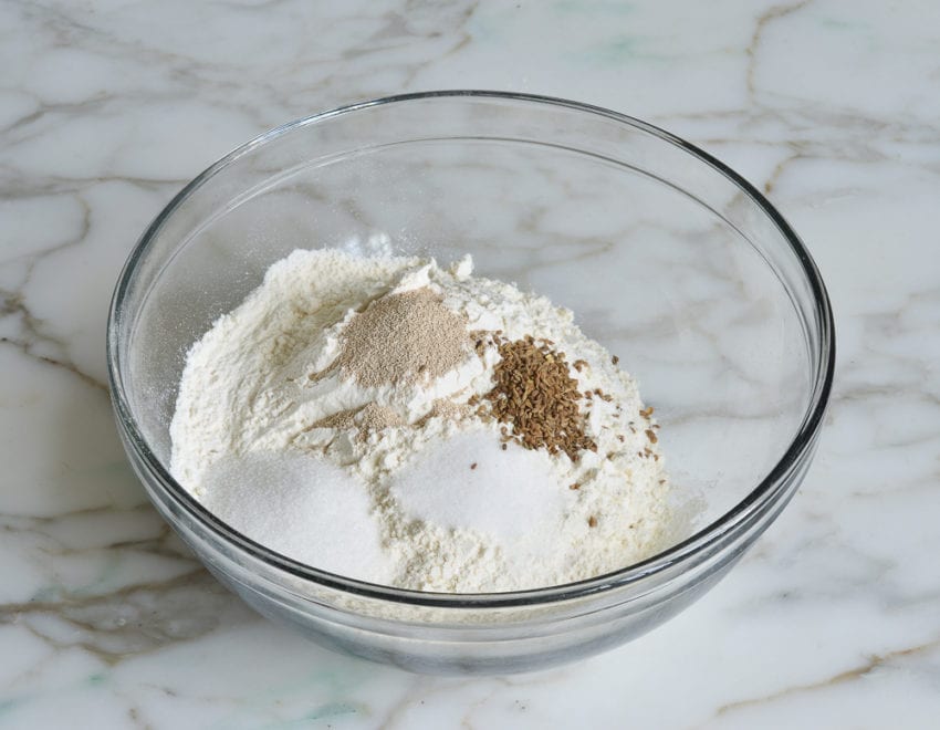 Bowl of unmixed dry ingredients.