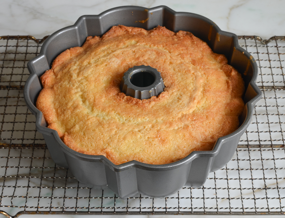 baked lemon pound cake out of the oven
