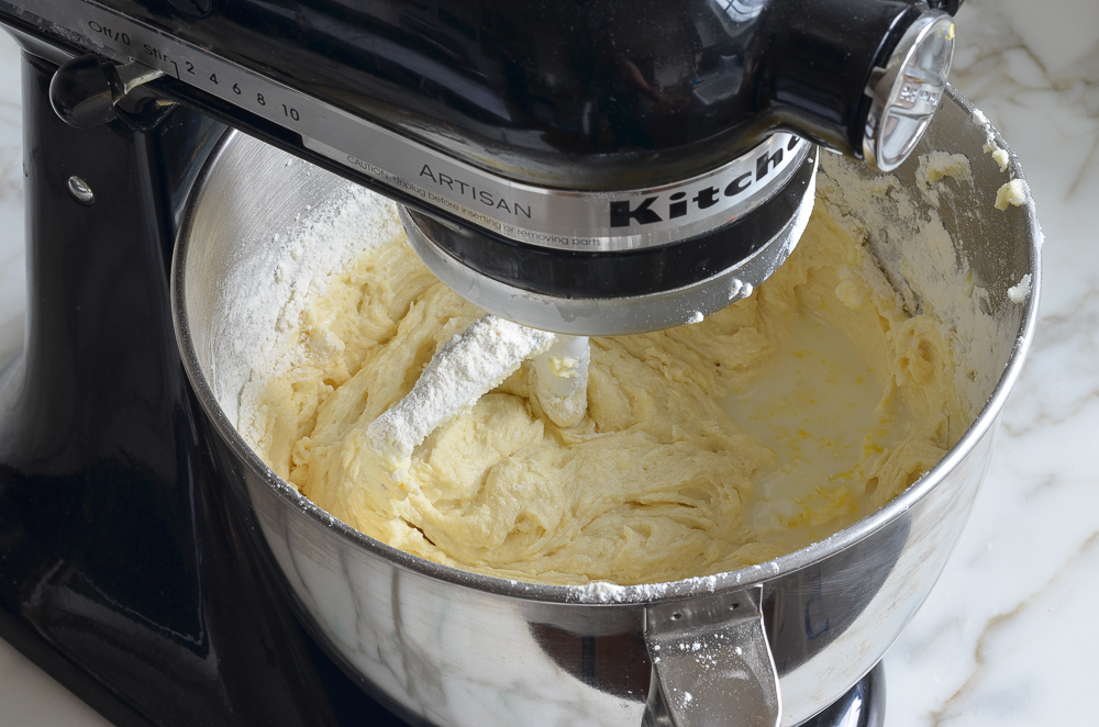 Pound cake batter in a stand mixer.