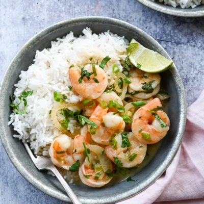 Bowl of Thai shrimp curry over rice.
