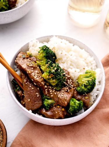 Beef and broccoli over rice.