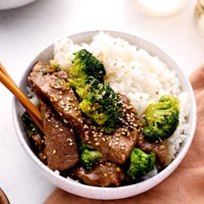 Beef and broccoli over rice.