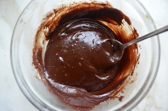 Bowl of glossy chocolate filling.