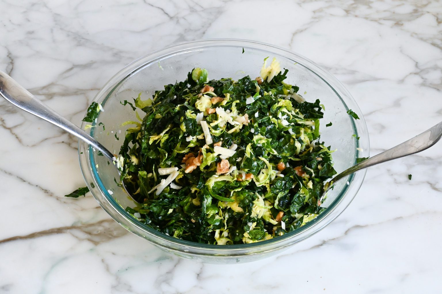 Kale & Brussels Sprout Salad with Walnuts, Parmesan & LemonMustard