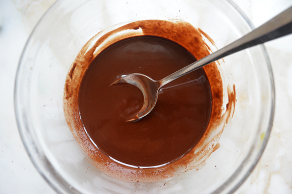 Spoon in a bowl of melted chocolate.