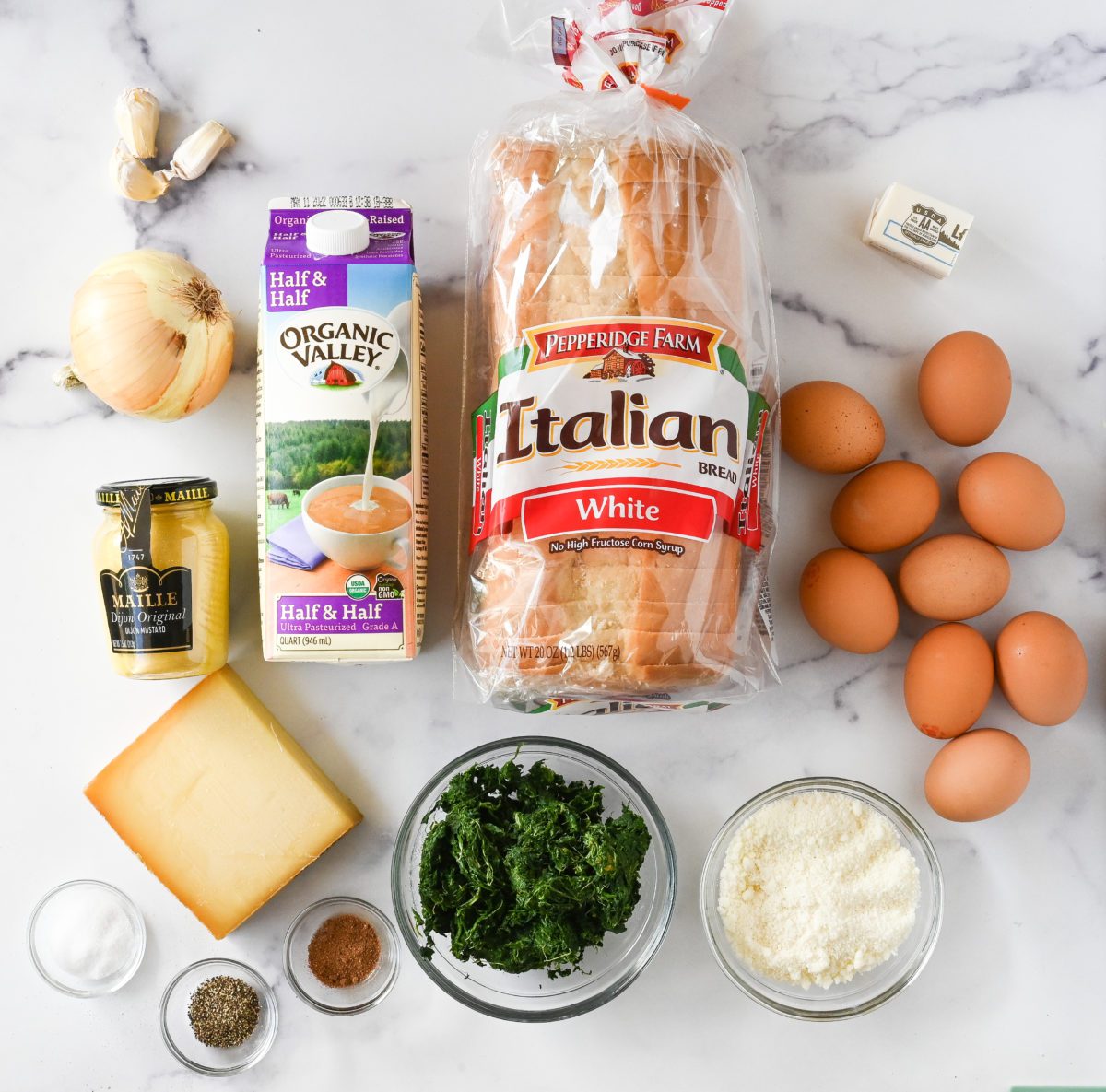 ingredients for spinach and cheese strata