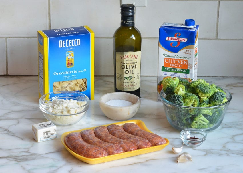 ingredients for orecchiette with sausage and broccoli