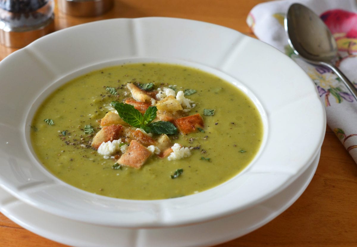 Green Pea & Asparagus Soup with Feta, Mint & Pita Croutons-image