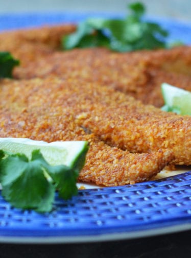 Tortilla-crusted tilapia on a plate.