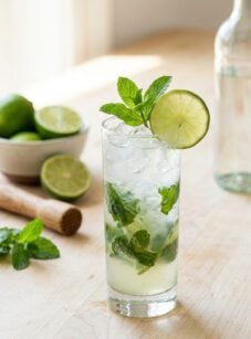 Mojito cocktail on wooden table with rum, mint, and limes