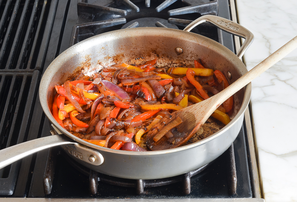 cooked peppers and onions for chicken fajitas