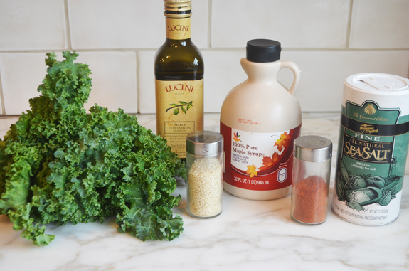 Chip ingredients including maple syrup, sesame seeds, and kale.