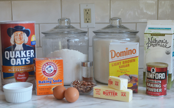 Muffin ingredients including eggs, butter, and light brown sugar.