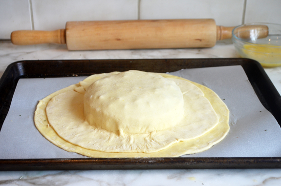 covering brie with puff pastry