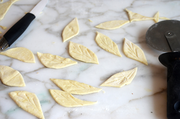 cutting puff pastry leaves