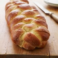 Challah on a wooden surface.