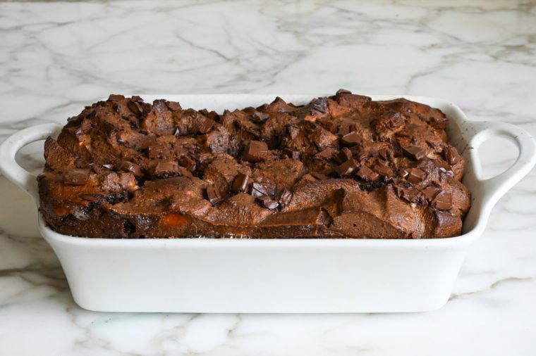 Baking dish of chocolate bread pudding.