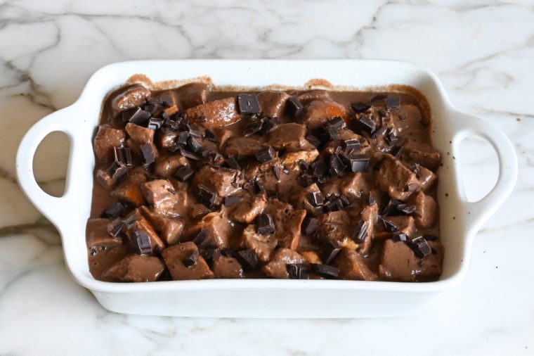 chocolate bread pudding ready to bake