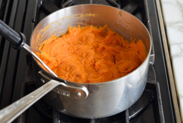 mashed sweet potatoes in pot