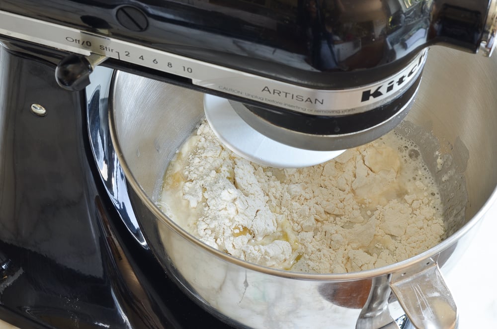 flour, oil, water, and salt in mixing bowl