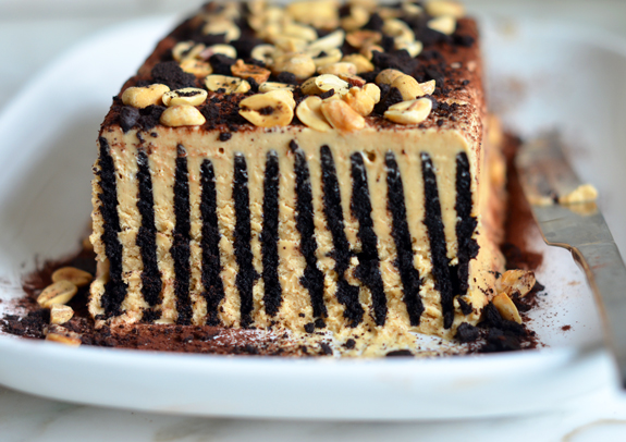 Chocolate peanut butter icebox cake on a plate.