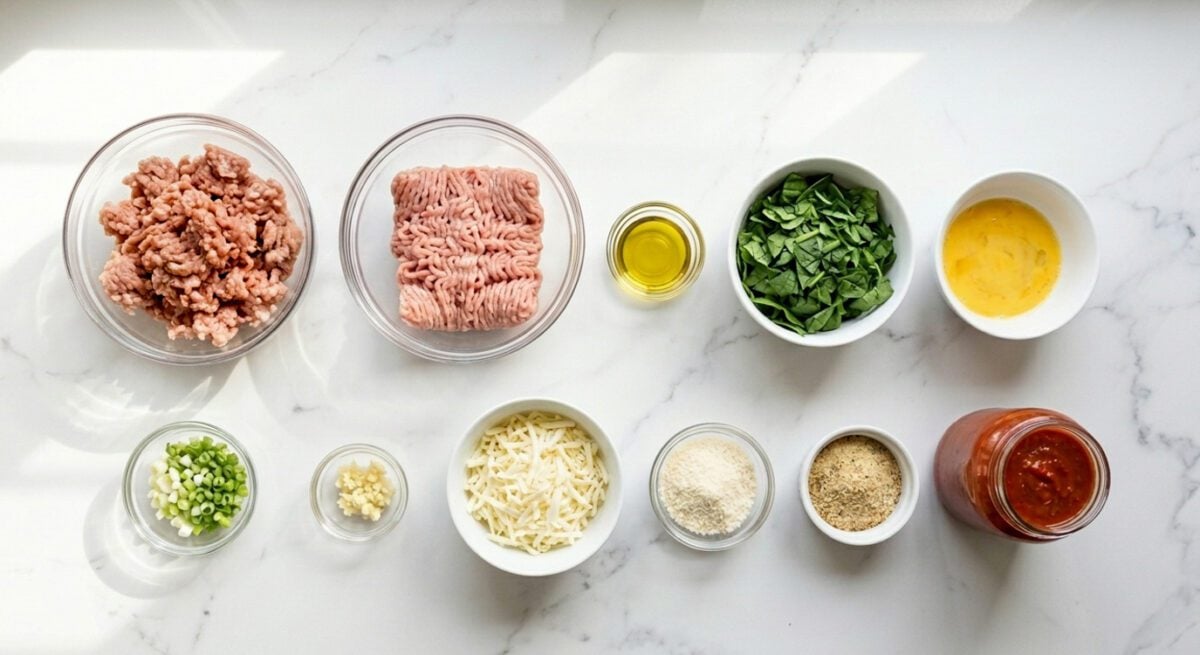 Ingredients to make turkey, spinach, and cheese meatballs.