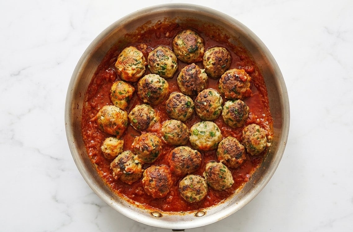 Turkey, spinach, and cheese meatballs simmering in marinara sauce.