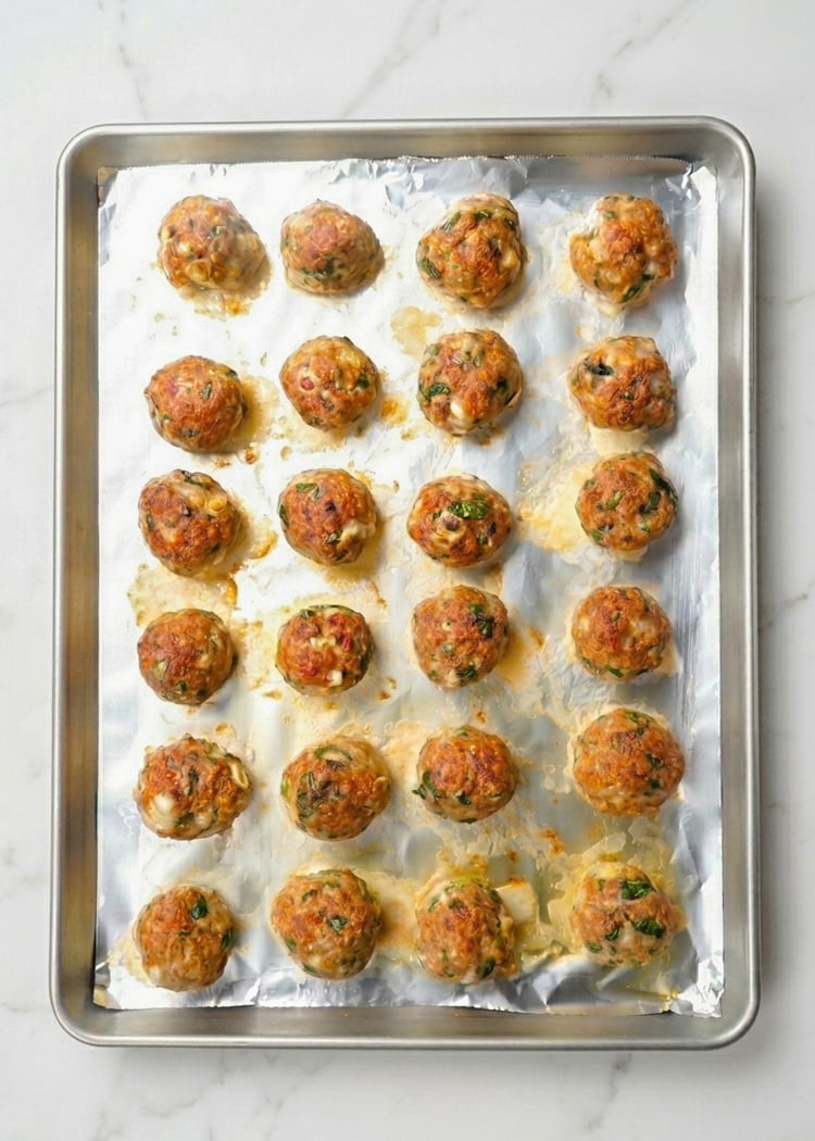 Broiled turkey meatballs on baking sheet.