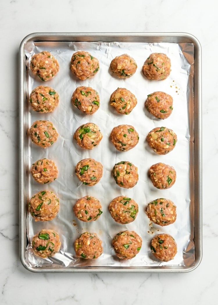 Raw turkey meatballs on baking sheet