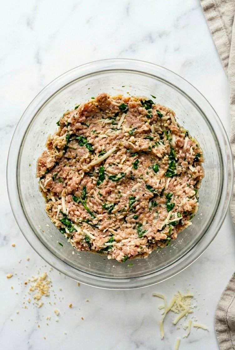 Turkey spinach and cheese mixture in bowl. 