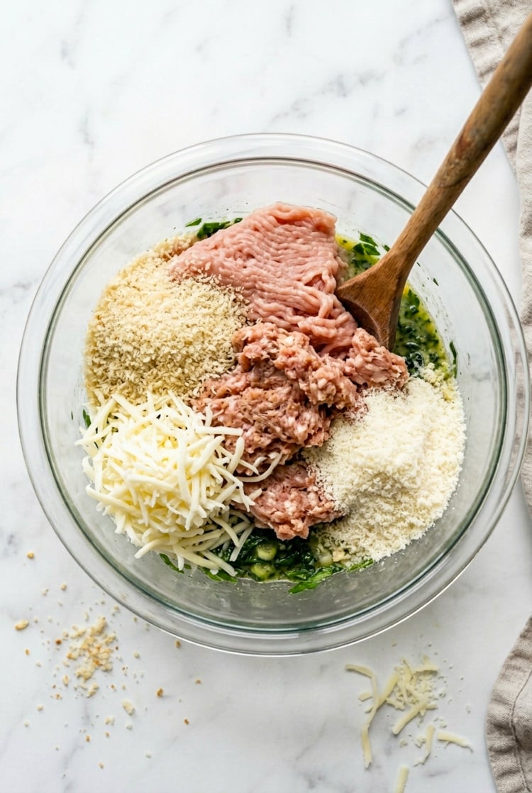 Components of meatballs in mixing bowl with wooden spoon.