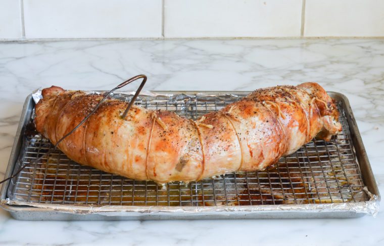 rolled stuffed turkey breast out of the oven